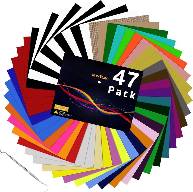 HTVRONT HTV Heat Transfer Vinyl Bundle: 47 Pack 12" x 10" Iron on Vinyl for T-Shirt, 33 Assorted Colors with HTV Accessories Tweezers, Silhouette Cameo or Heat Press Machine - Image 1